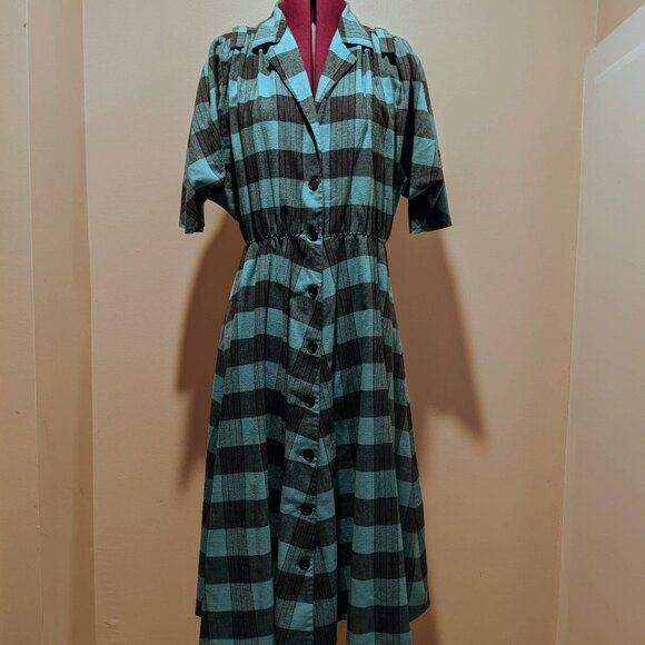 Vintage Urban Affaire Turquoise & Black Plaid Shirtwaist Dress, Size L/XL No Tag - Picture 1 of 15